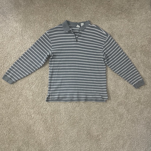 Vintage GAP Knit Collared Cotton Striped Gray and White Quarter Zip Sweater - Picture 1 of 4